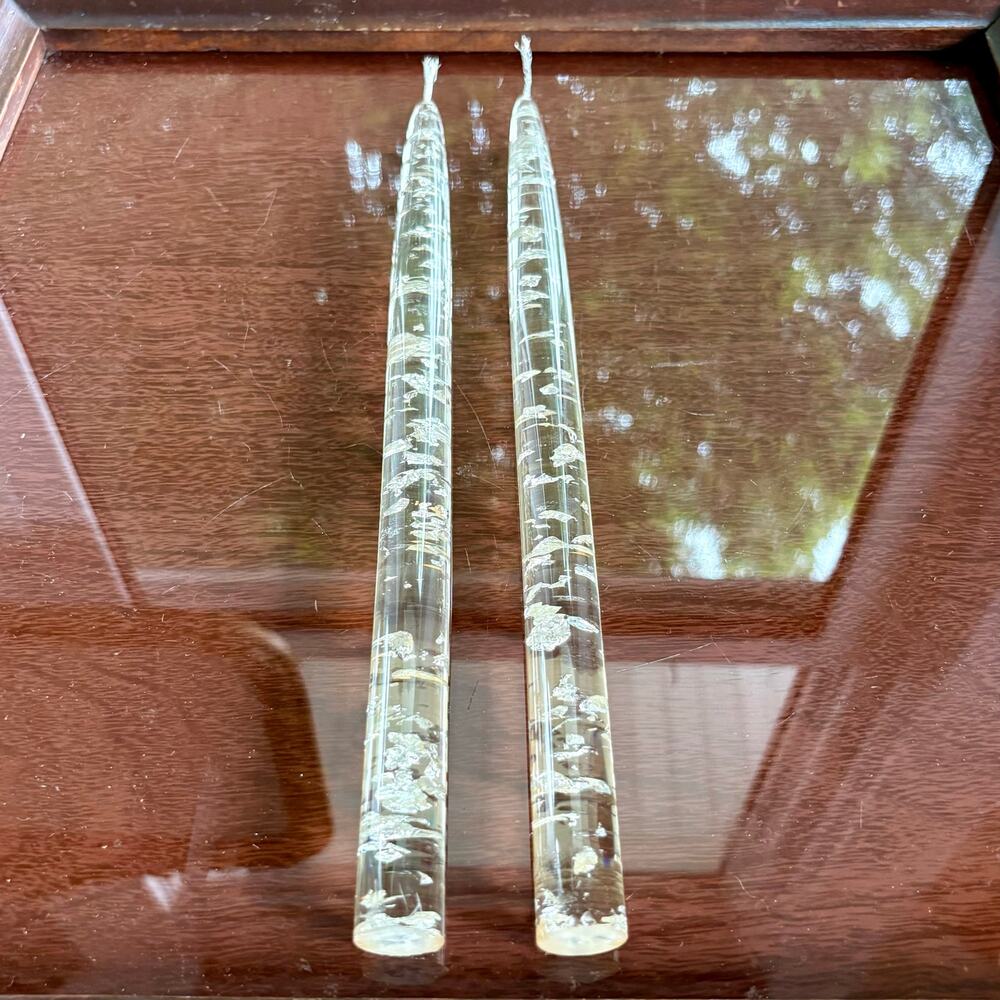Vintage MCM Clear Lucite Silver Fleck Taper Candles Pair of 2